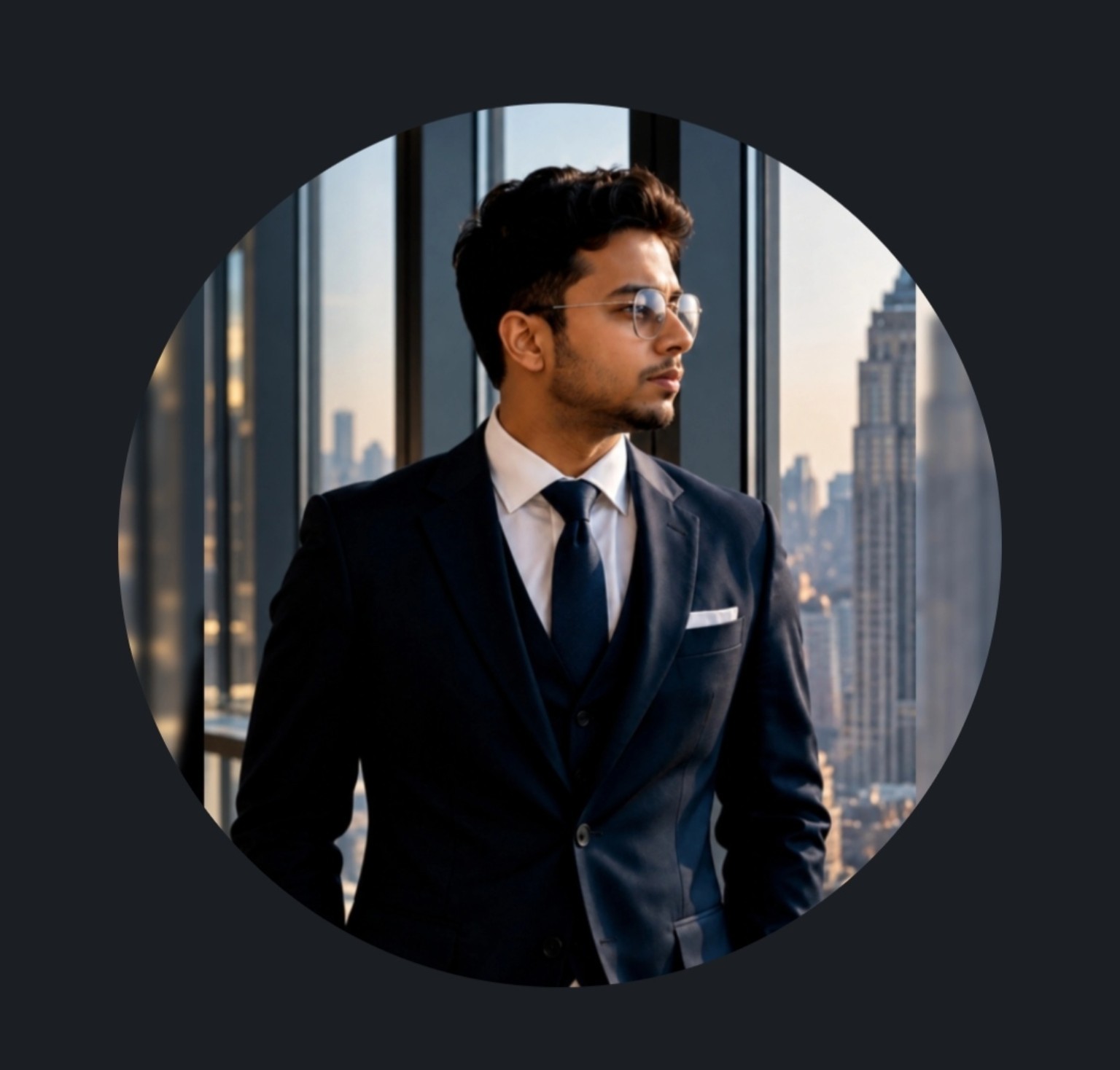 Akshay Kaushal in a formal portrait looking toward a city skyline